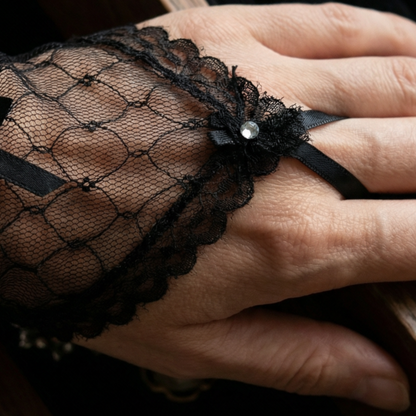 Close-up of black lace fingerless glove lace-up cuff on wrist