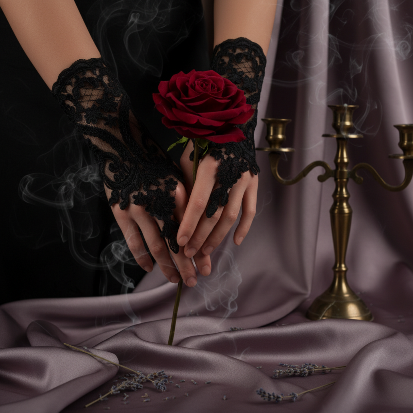 Black lace fingerless gloves with red rose and candle