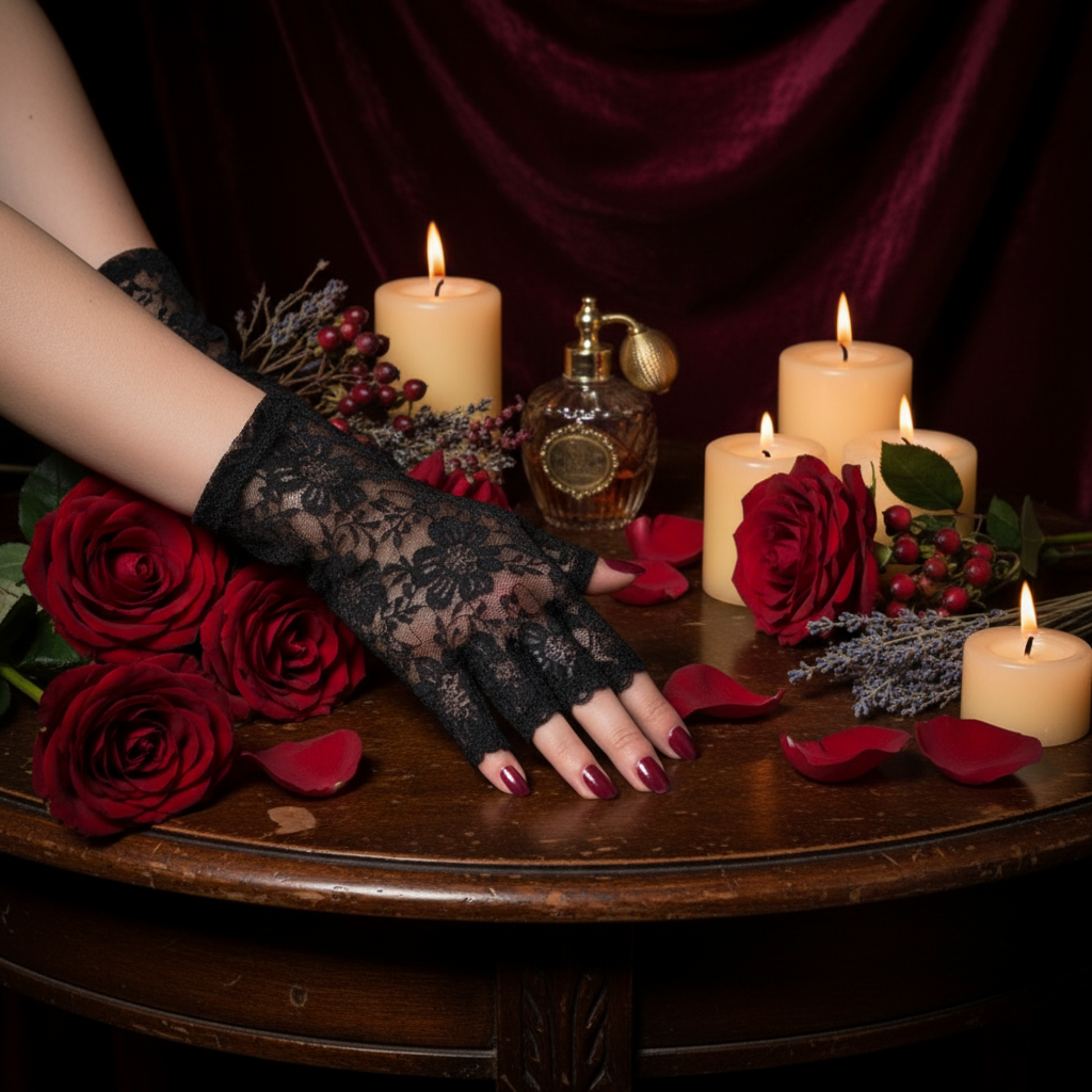 Black lace fingerless gloves resting among red roses and candles, gothic lace glove style