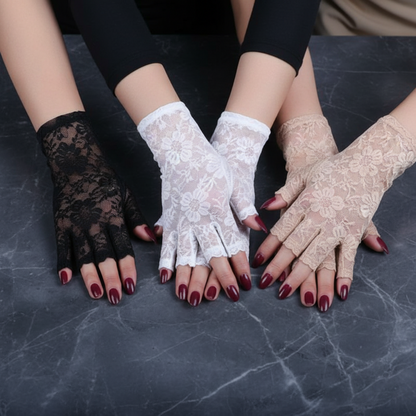 Black and white lace fingerless gloves compared side by side, half finger design