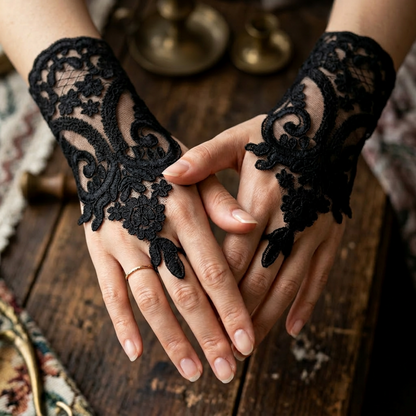 Black embroidered lace fingerless gloves resting on wood table