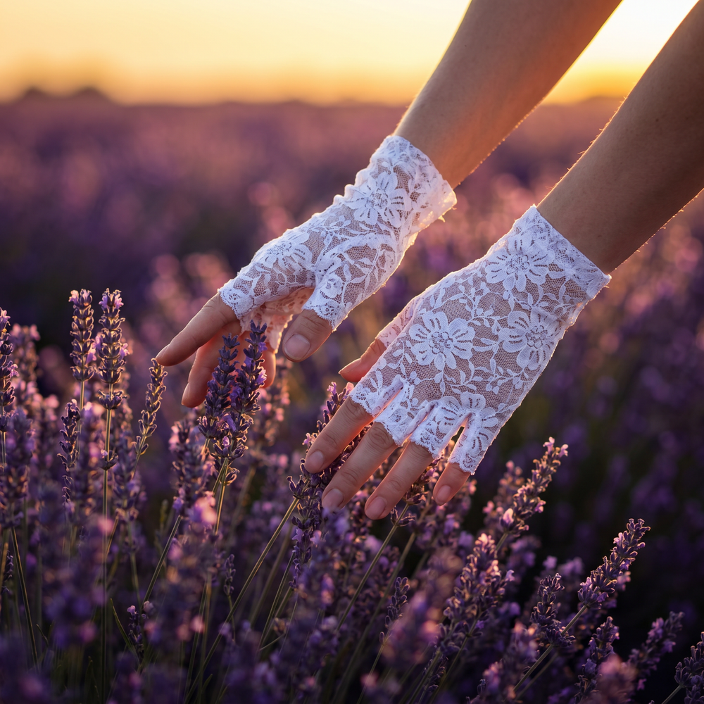 White lace fingerless gloves worn in a lavender field, floral lace UV protection design