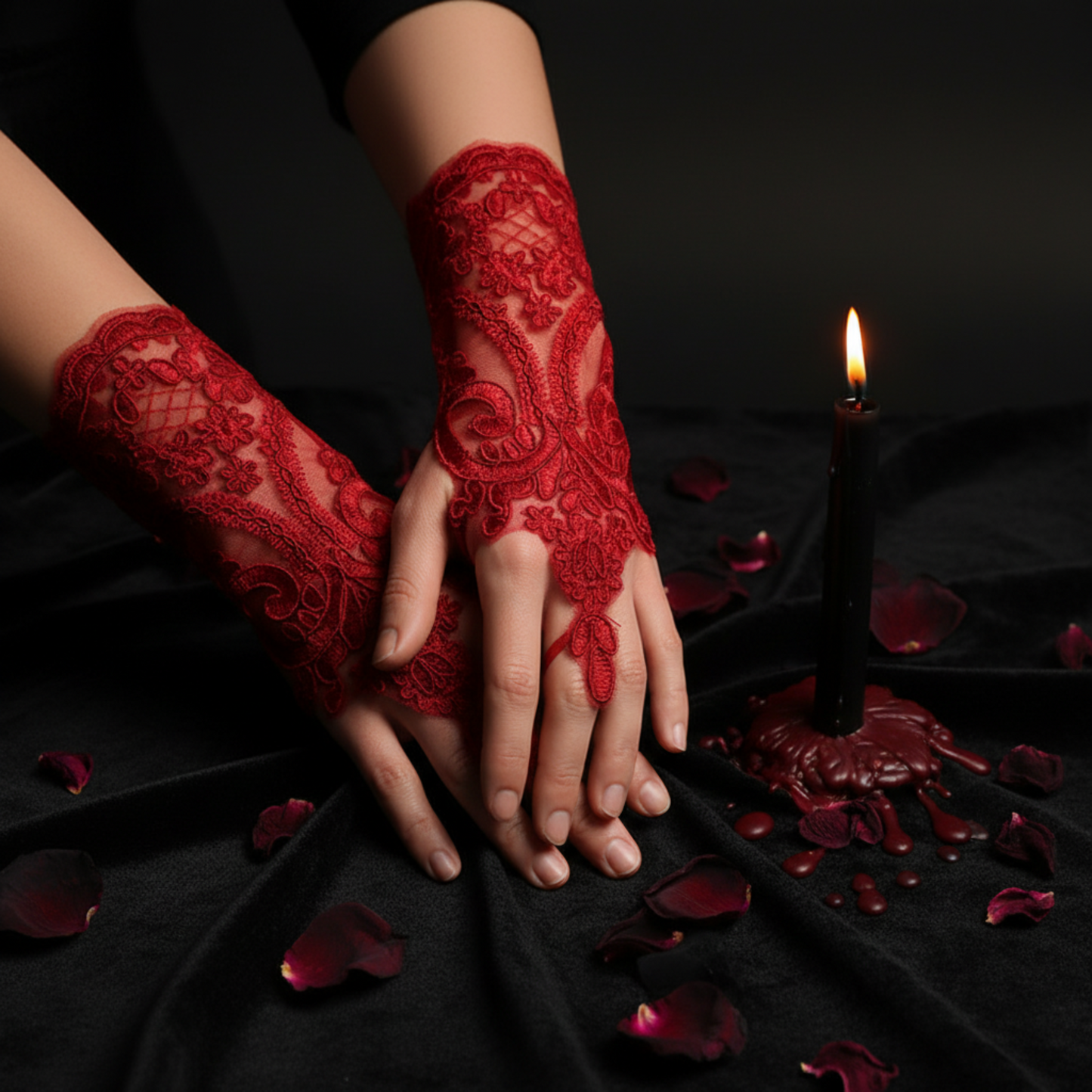 Red embroidered lace fingerless gloves on candlelit floor