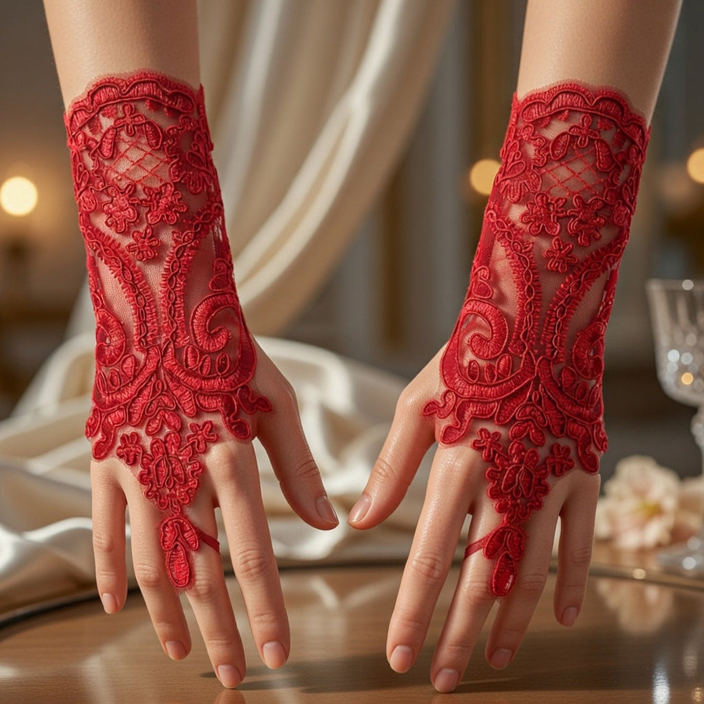 Red embroidered lace fingerless gloves on glittering satin fabric