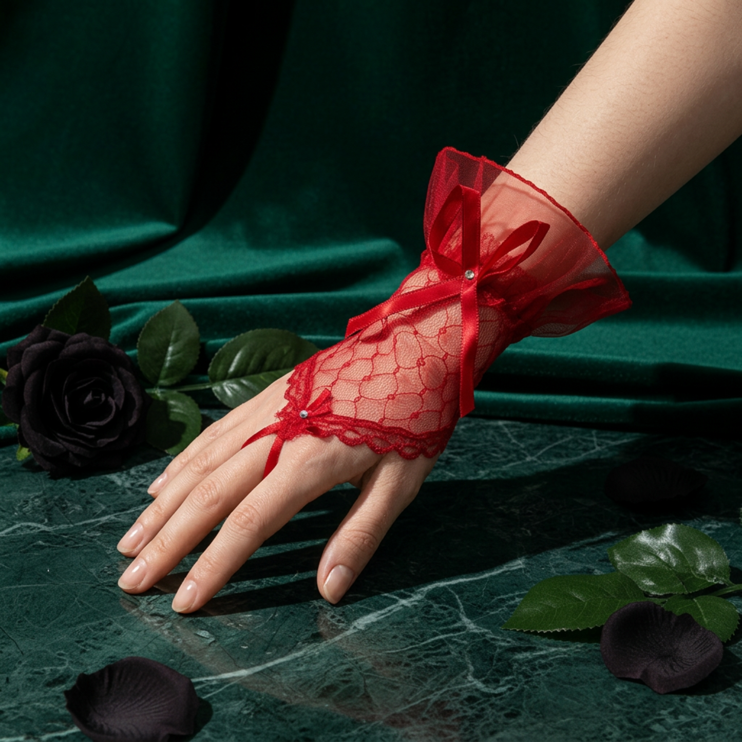 Red lace fingerless glove with rhinestone bow on green velvet fabric