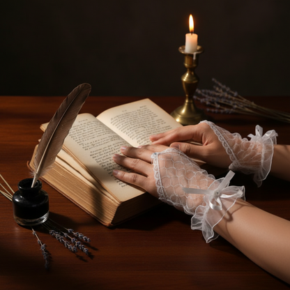 White lace fingerless glove with rhinestone bow by candlelight and quill