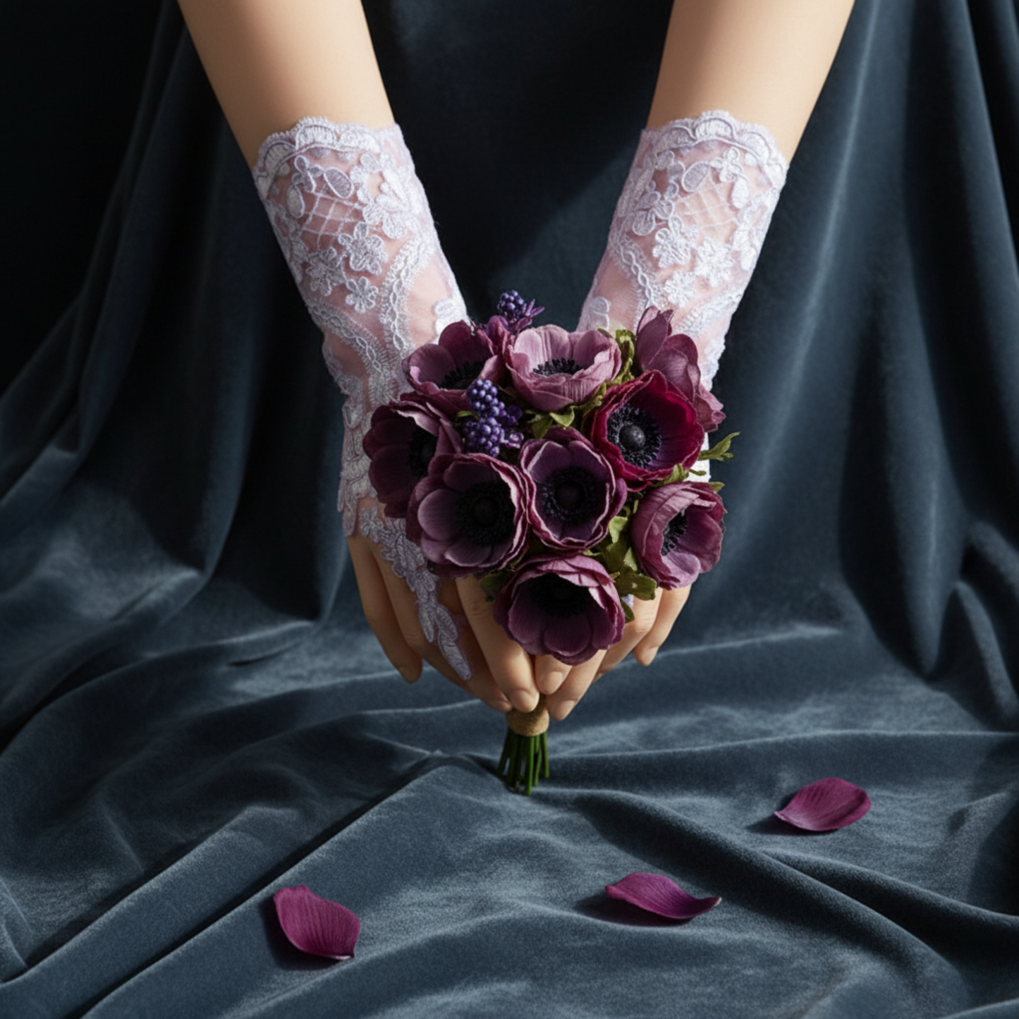 White embroidered lace fingerless gloves holding purple flowers