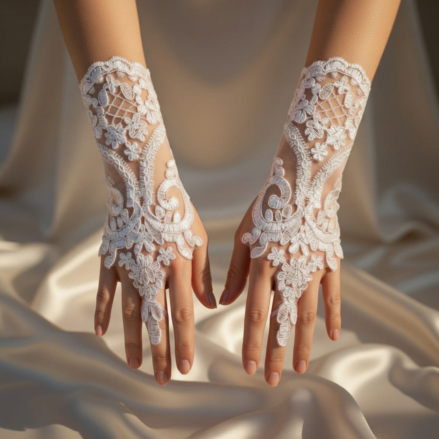 White embroidered lace fingerless gloves crossed on satin fabric