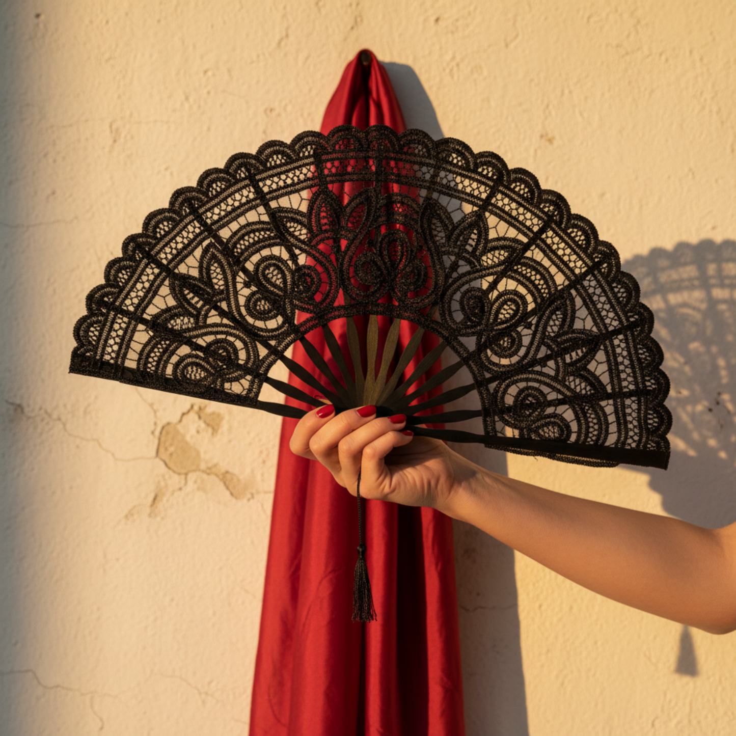 Woman holding black lace hand fan against red backdrop