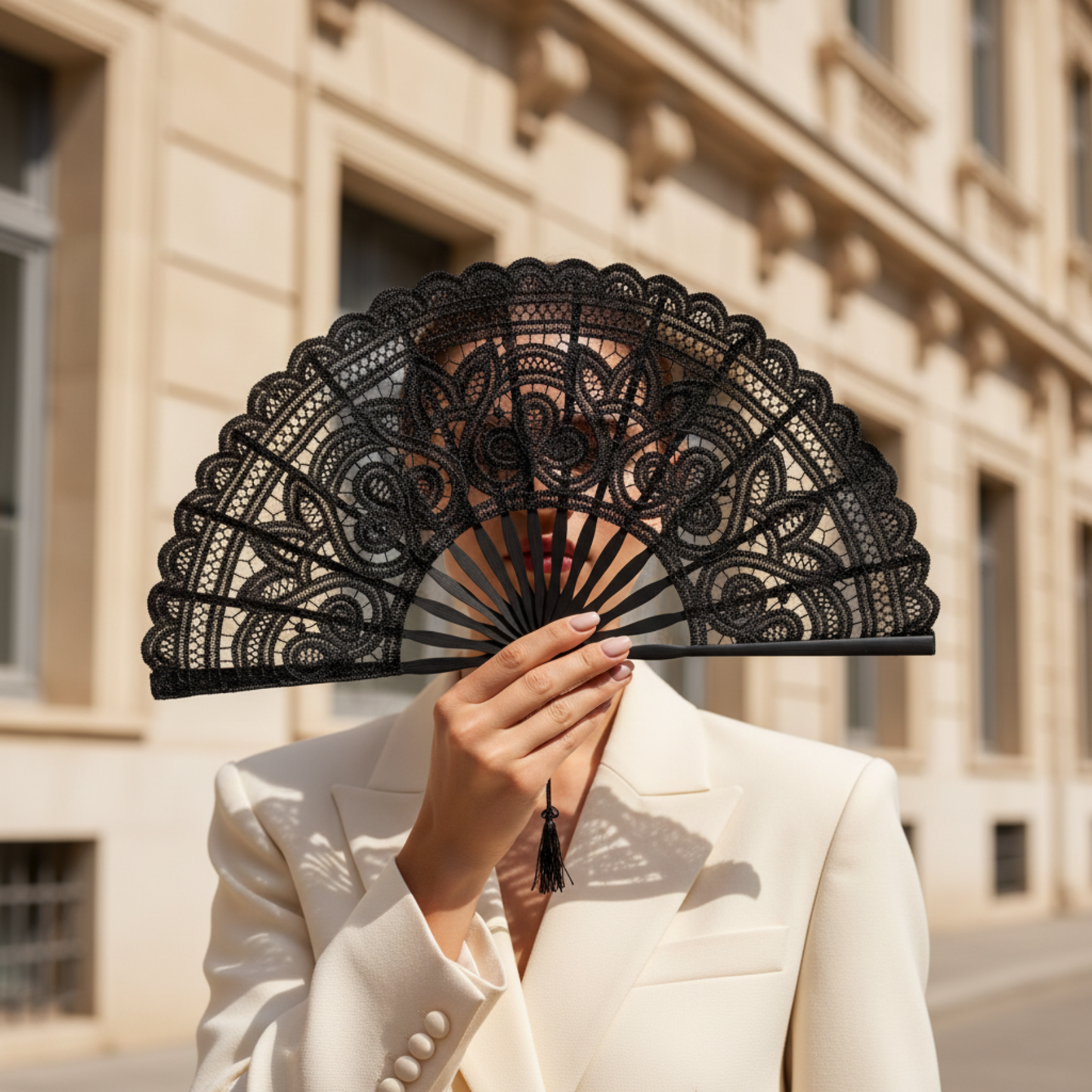 Woman holding black lace hand fan on city street