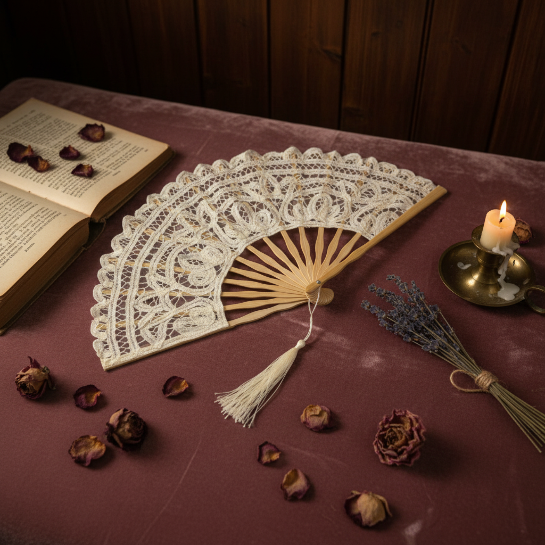 White lace hand fan on burgundy surface with candle