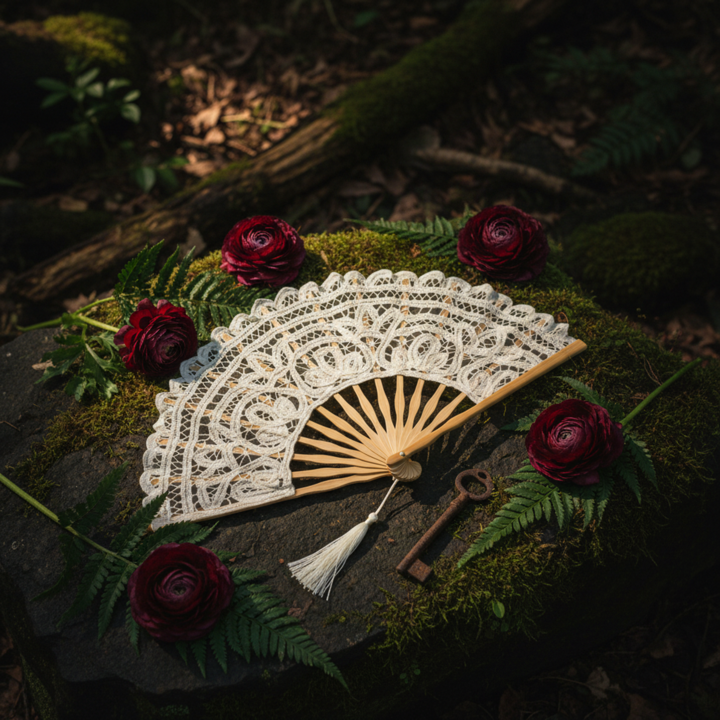 White lace hand fan on dark green leaves with red flowers
