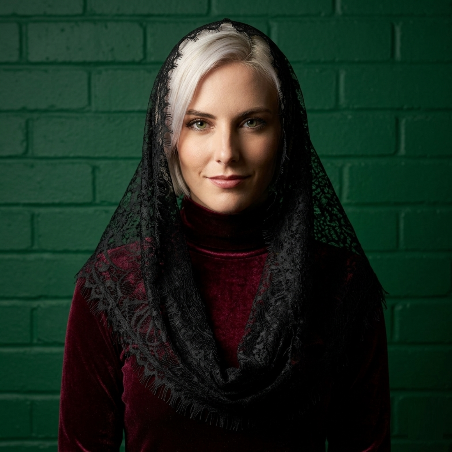 Woman wearing black lace mantilla veil against green wall