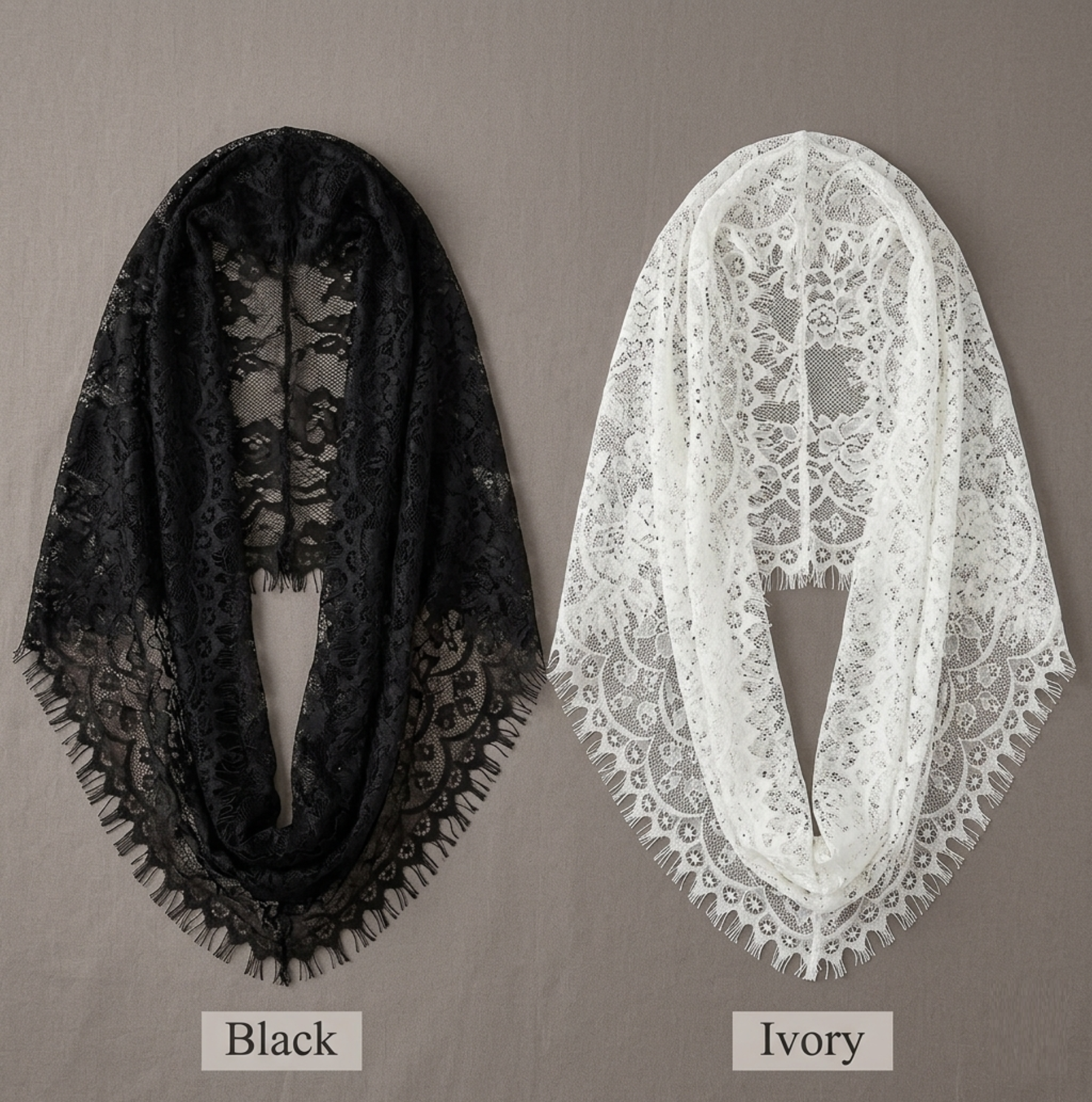 Black and ivory lace mantilla veils flat lay comparison