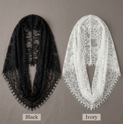 Black and ivory lace mantilla veils flat lay comparison