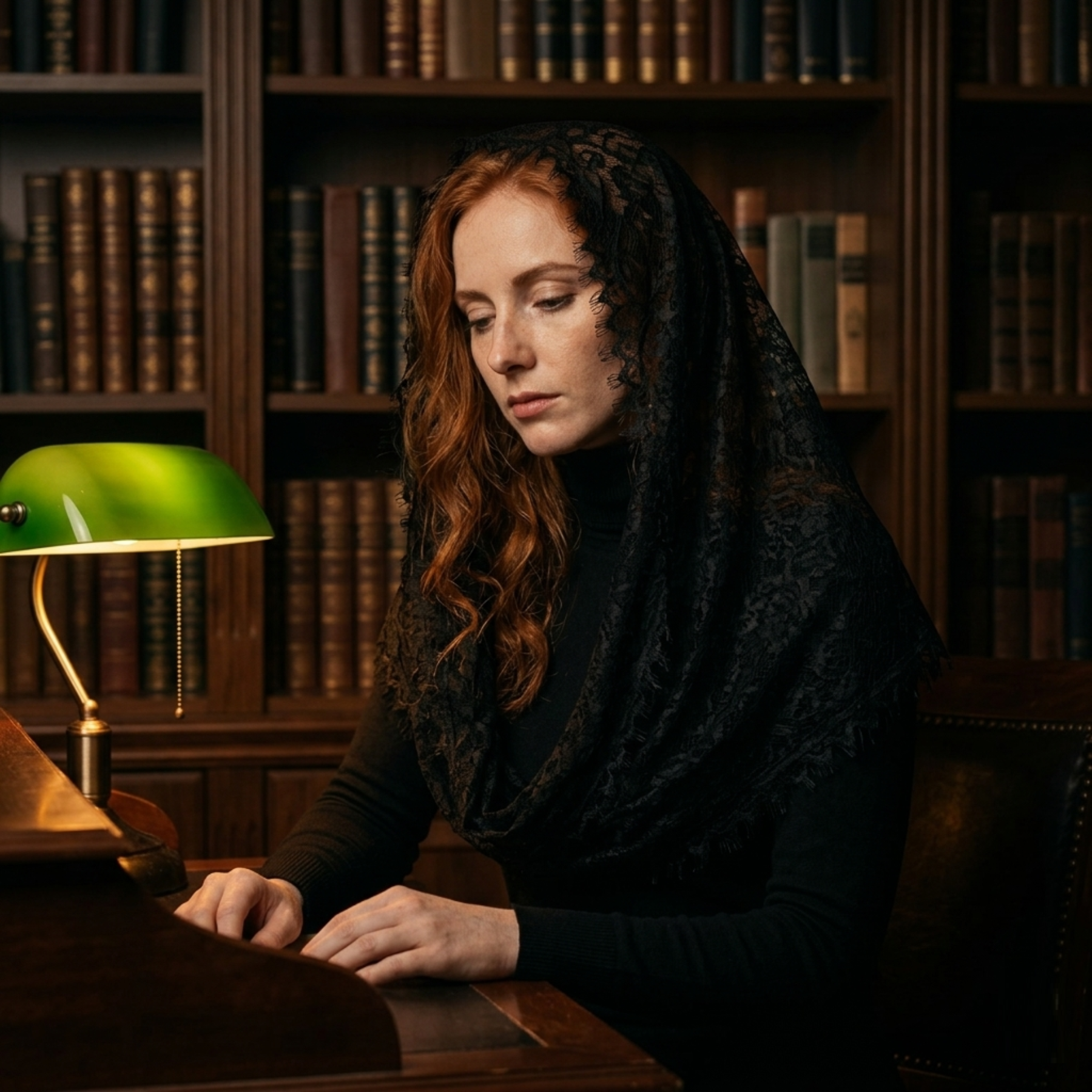Woman wearing black lace mantilla veil at library desk