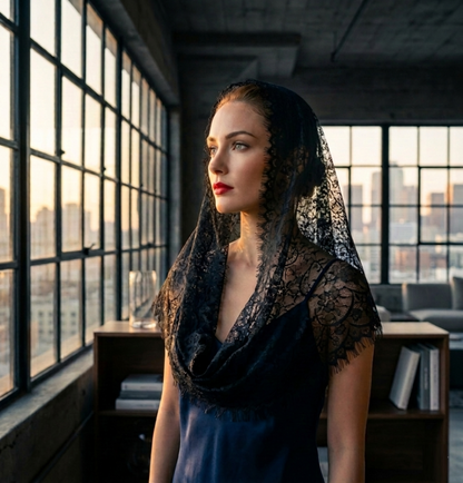 Woman wearing black lace mantilla veil by window