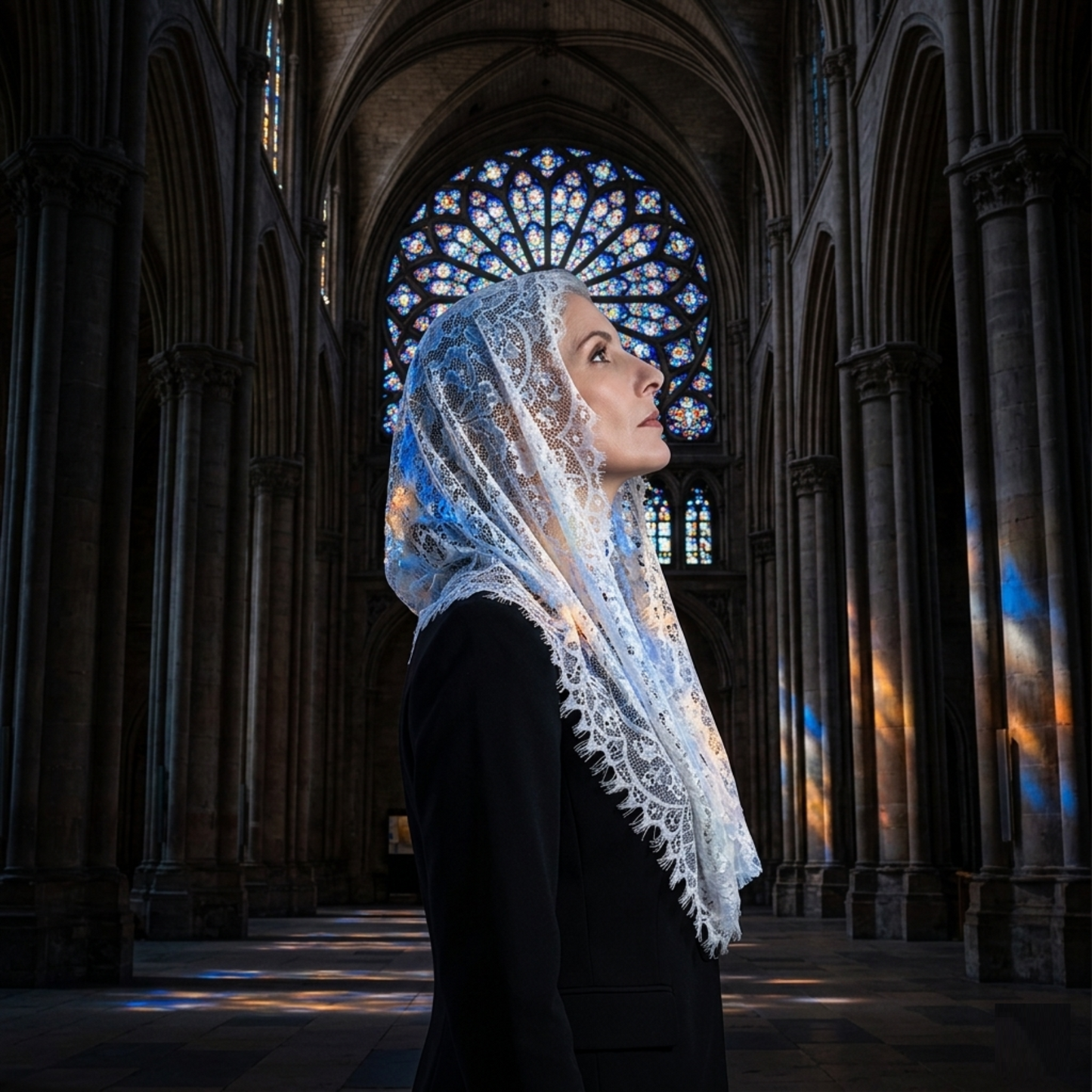 Woman wearing ivory lace mantilla veil in gothic cathedral archway
