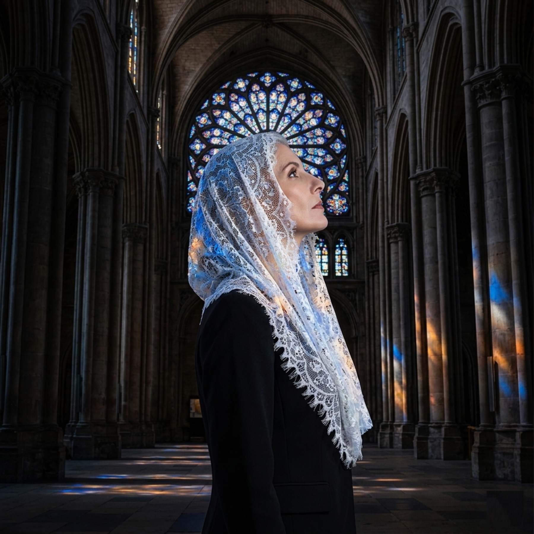 Woman wearing ivory lace mantilla veil in gothic cathedral archway