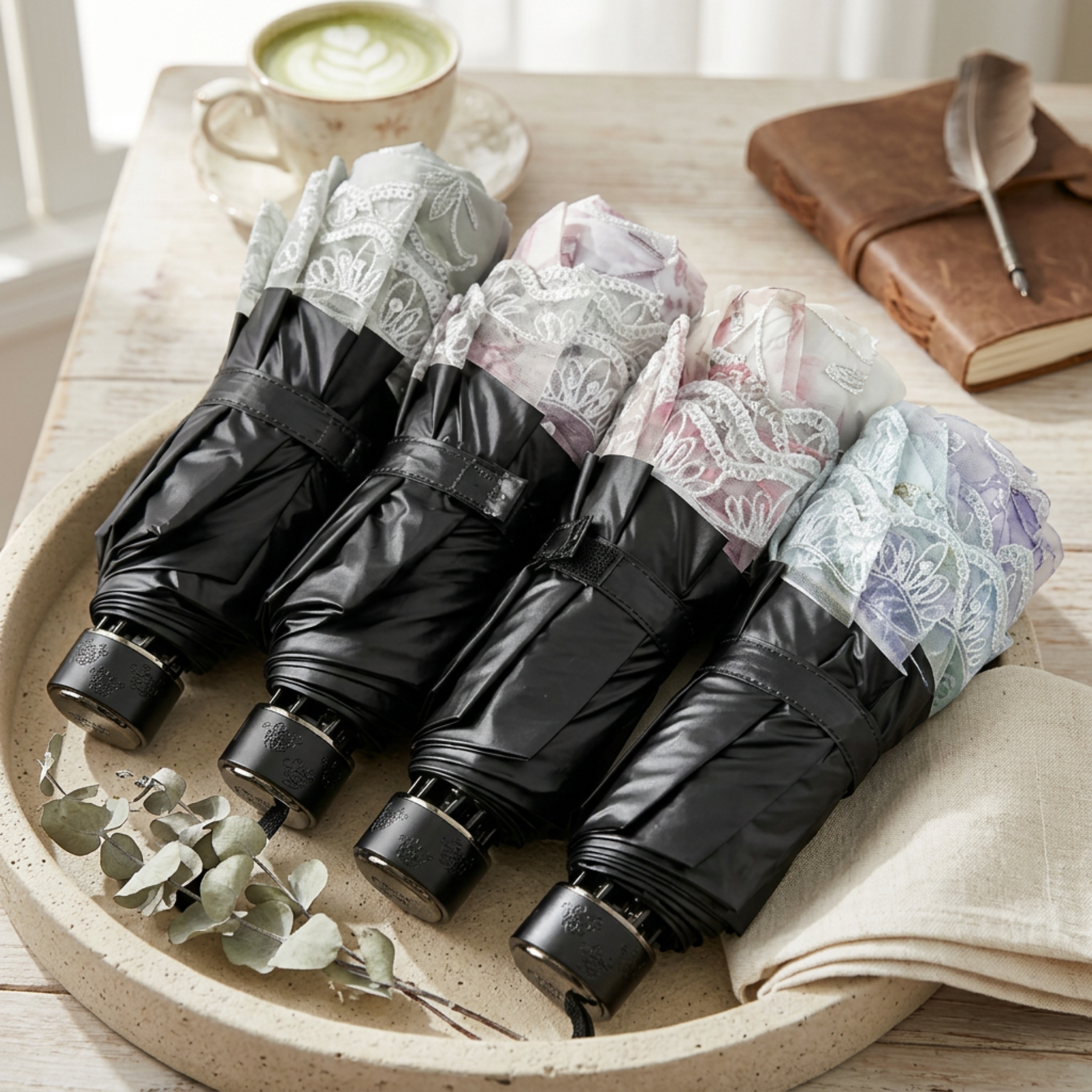 Folded floral lace parasol umbrellas in multiple colors
