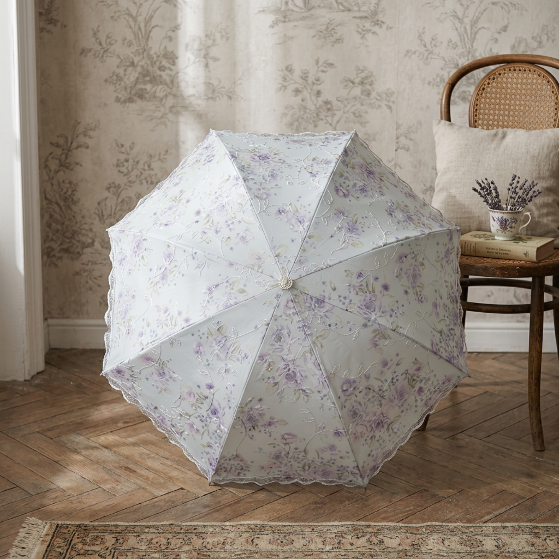 Indigo blue floral lace parasol umbrella