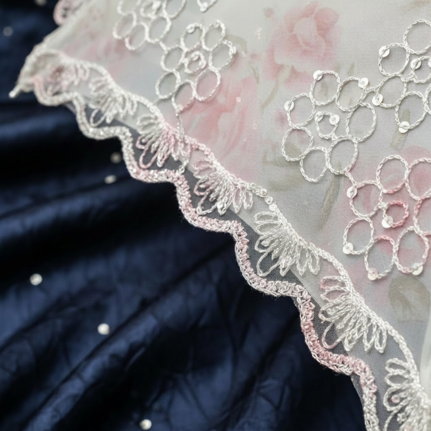 Close-up of floral lace parasol umbrella edge detail