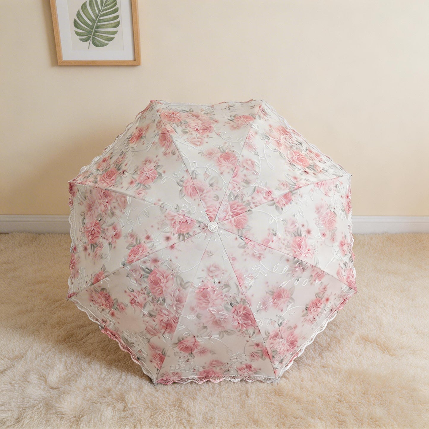 Rouge pink floral lace parasol umbrella, alternate view