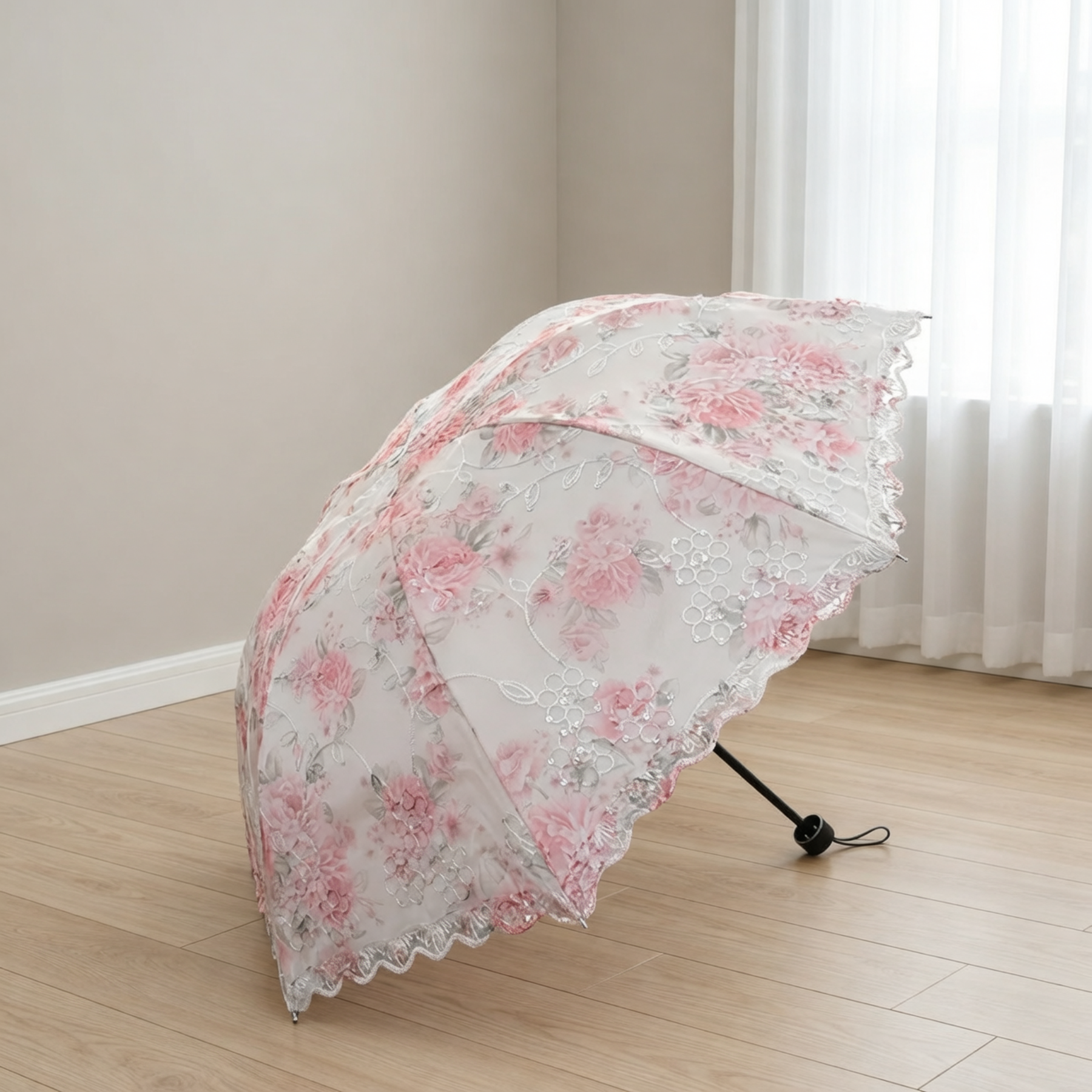 Rouge pink floral lace parasol umbrella