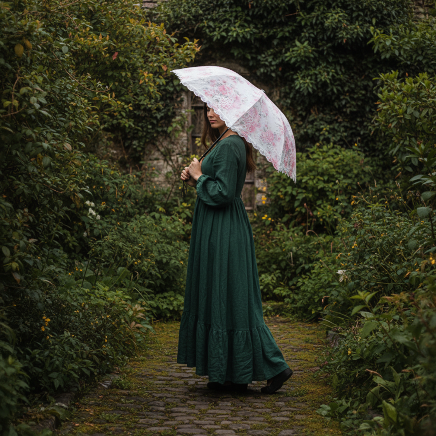 Woman holding floral lace parasol umbrella outdoors