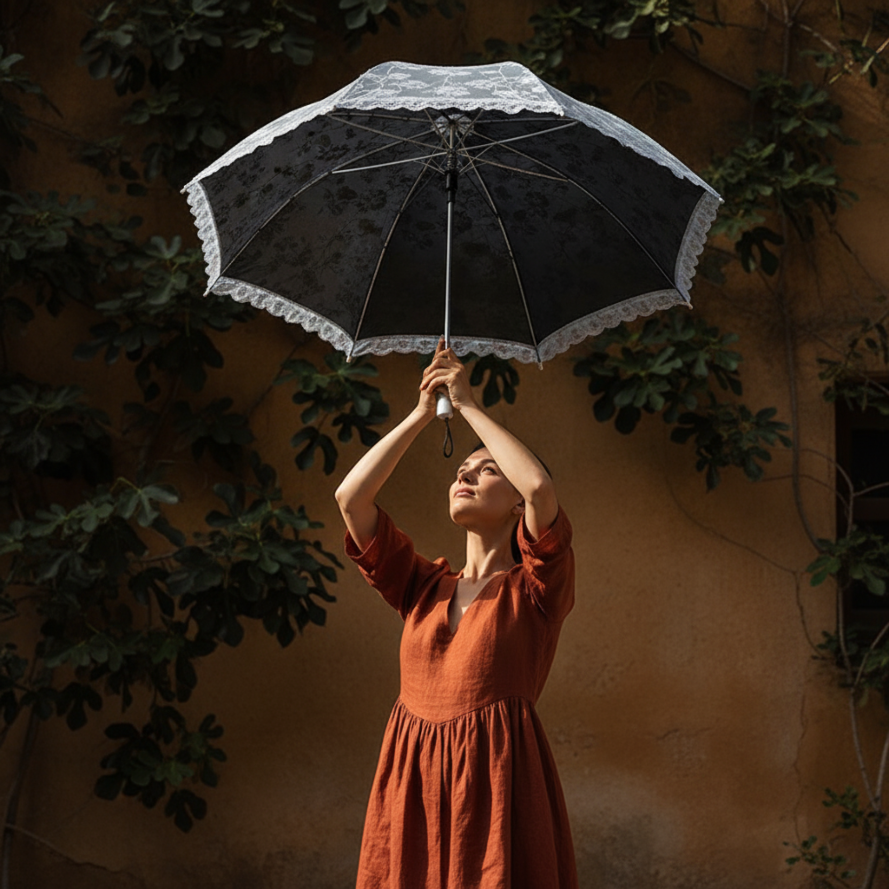 Woman holding floral lace parasol umbrella overhead