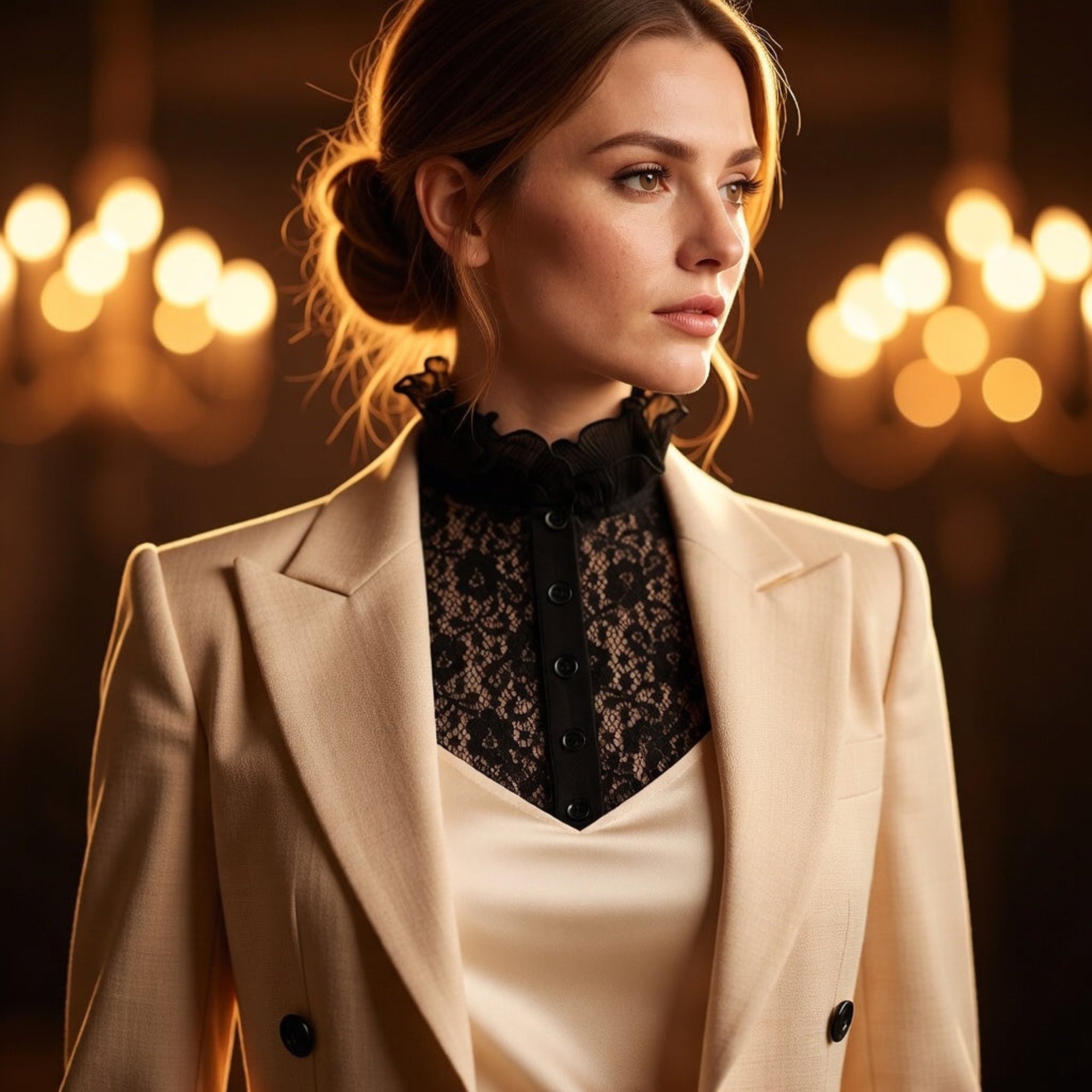 Woman wearing white lace ruffle collar with beige blazer by candlelight