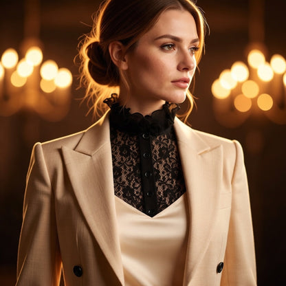 Woman wearing white lace ruffle collar with beige blazer by candlelight