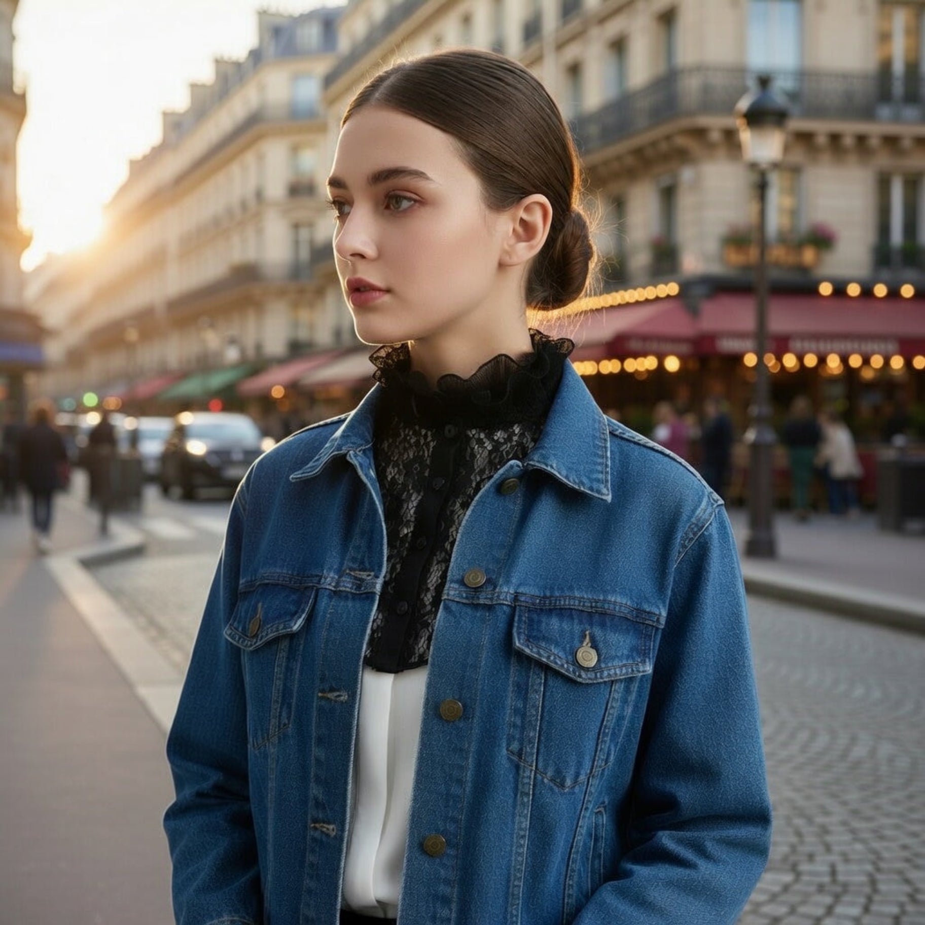Woman wearing black lace ruffle collar with denim jacket on street