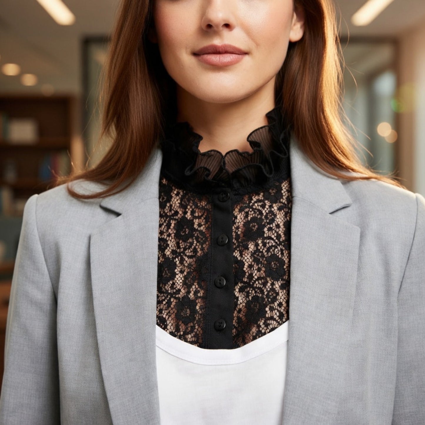 Woman wearing black lace ruffle collar with gray blazer