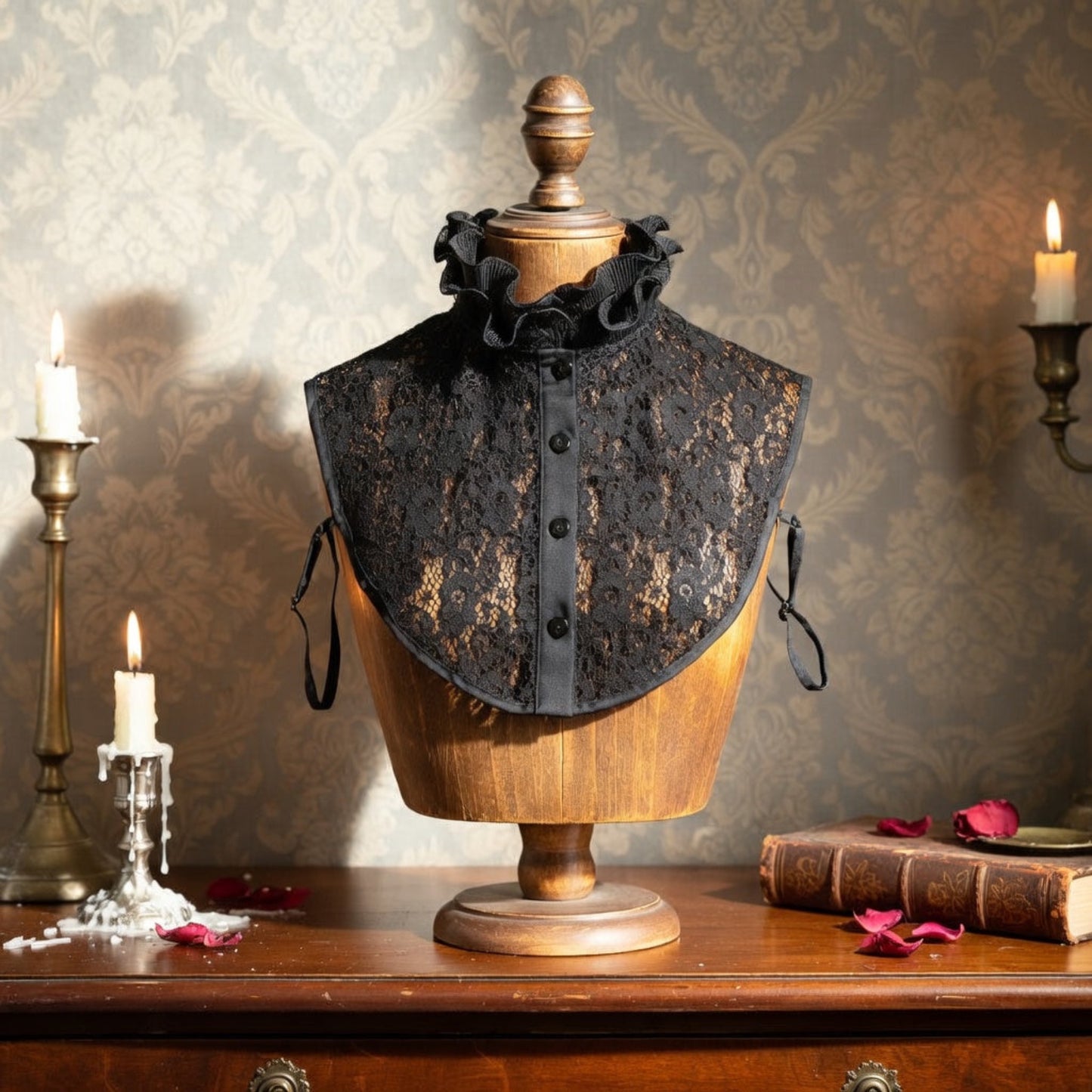 Black lace ruffle collar on mannequin with lit candles