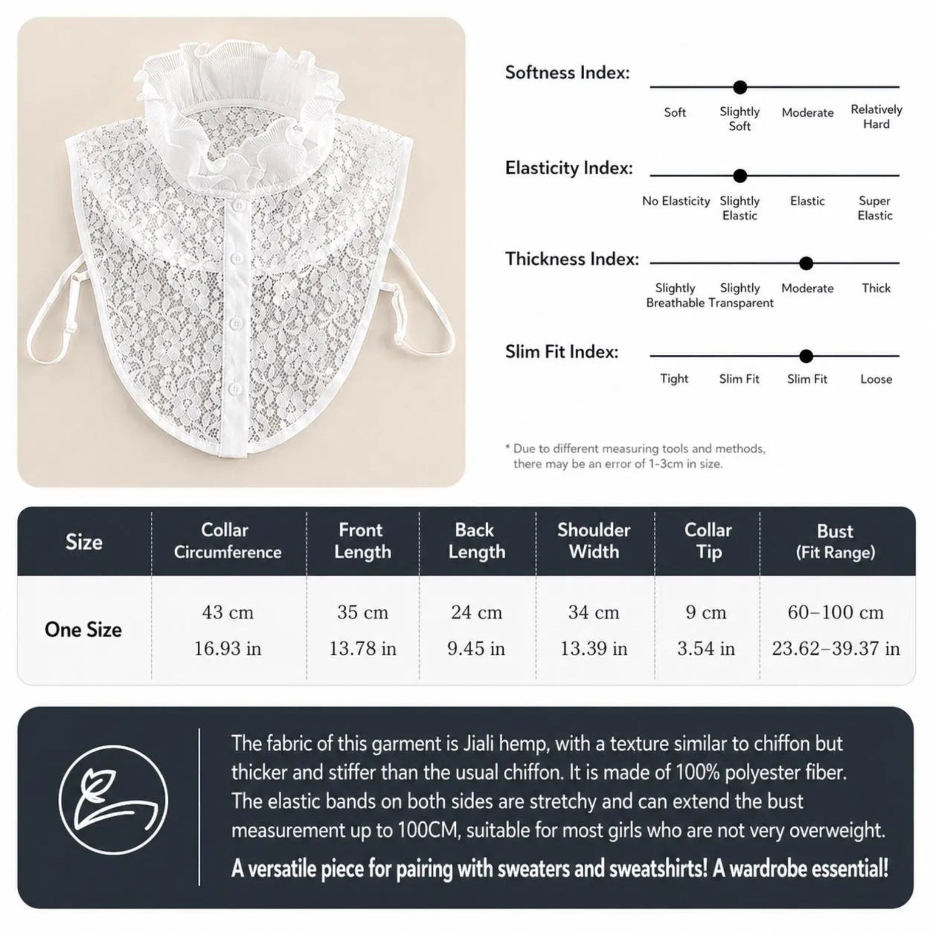 Size chart for detachable lace ruffle collar