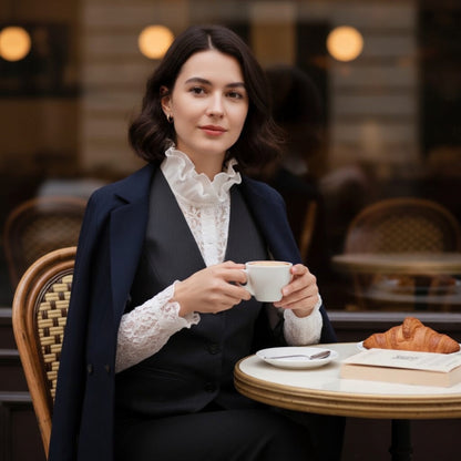 Woman wearing white lace ruffle collar with blazer at cafe