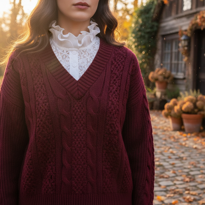 Woman wearing white lace ruffle collar with burgundy sweater