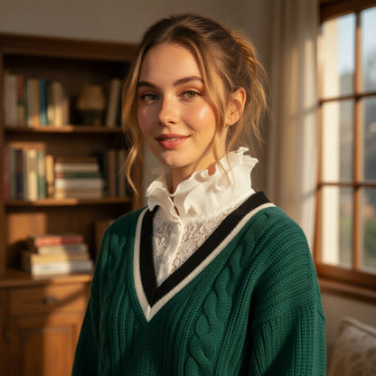 Woman wearing white lace ruffle collar with green sweater