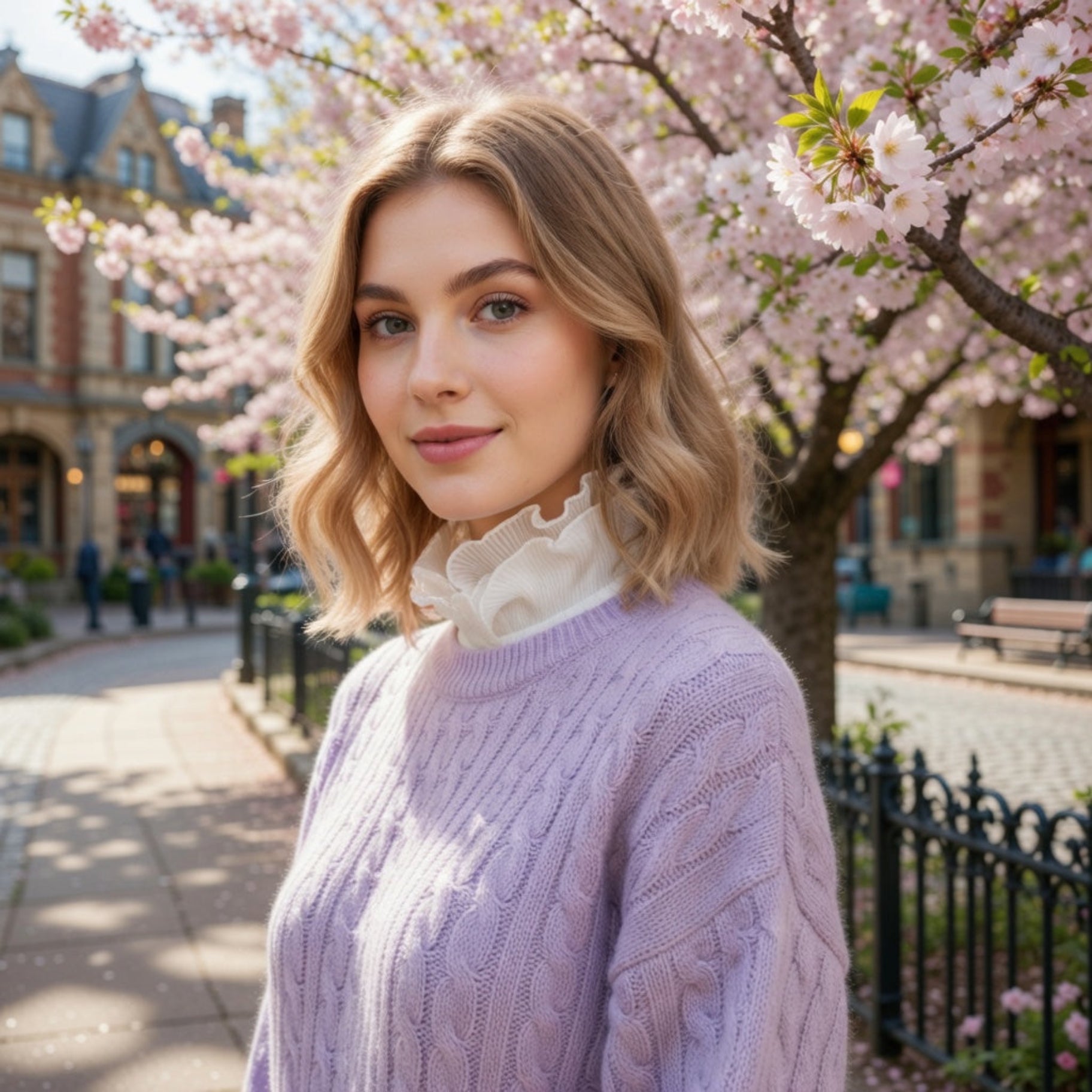Woman wearing white lace ruffle collar with lilac sweater on street