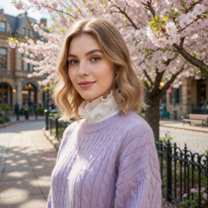 Woman wearing white lace ruffle collar with lilac sweater on street