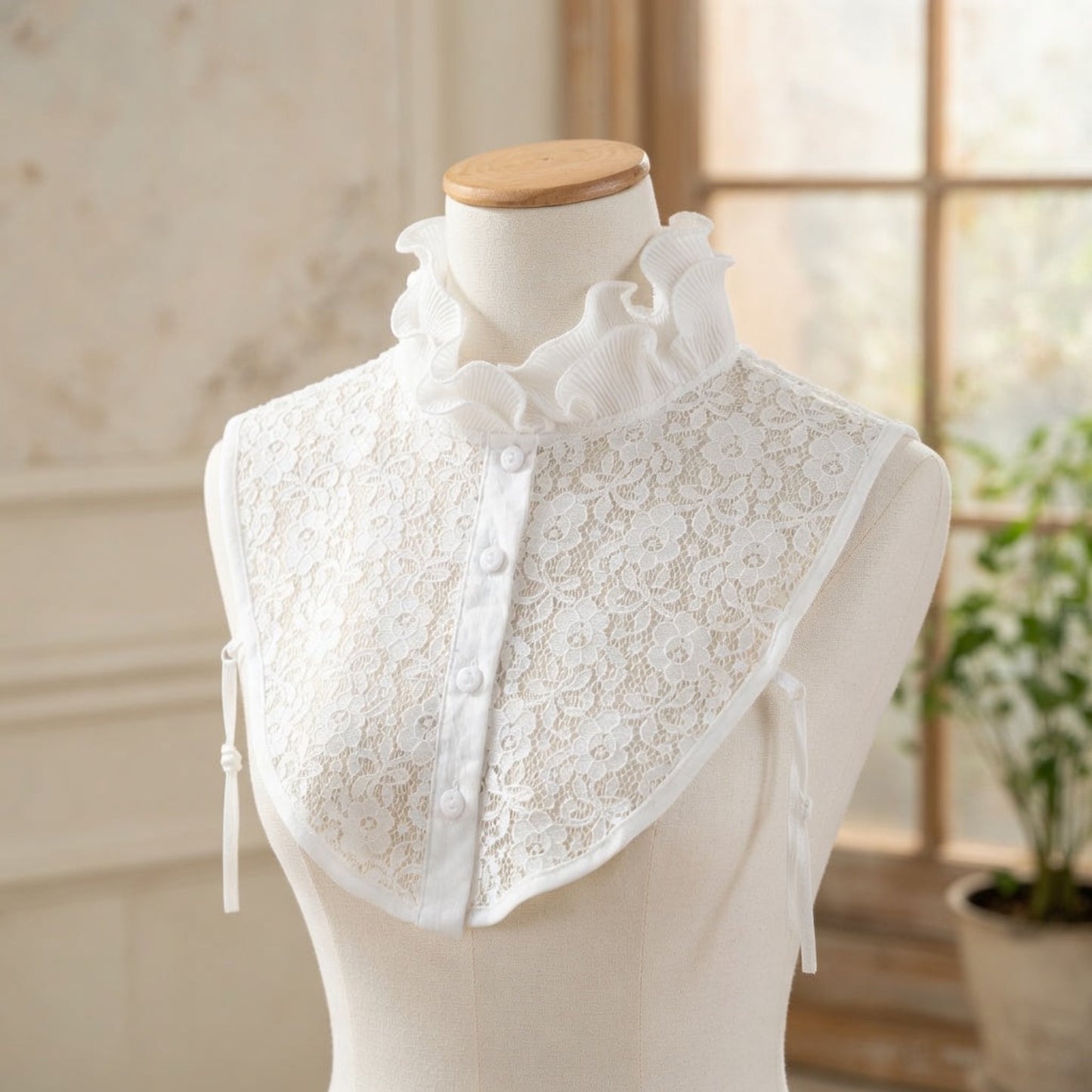 White lace ruffle collar on mannequin, side view