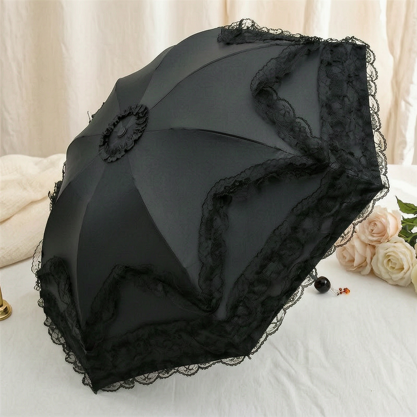 Black lace ruffle parasol interior lining, top view