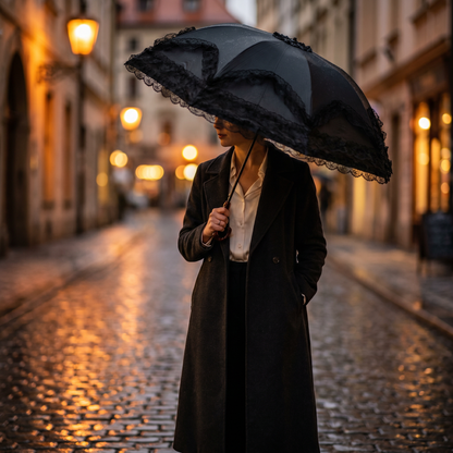 Woman holding black lace ruffle parasol on night street