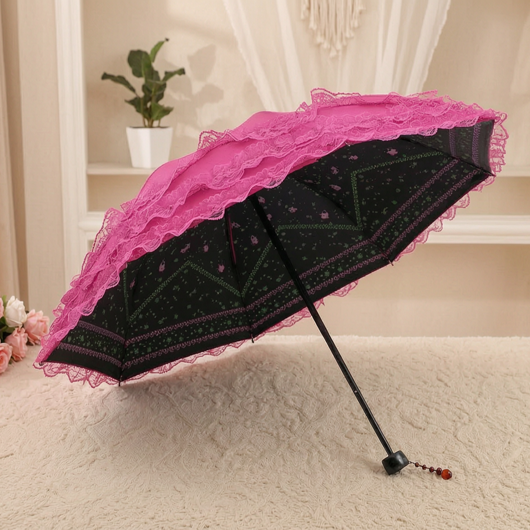 Pink and black lace ruffle parasol interior lining