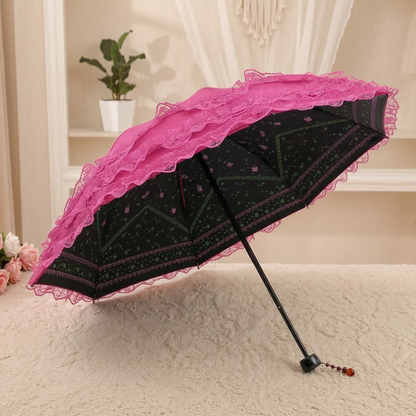 Pink and black lace ruffle parasol interior lining