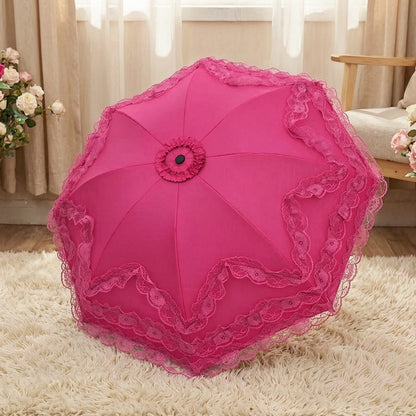 Pink lace ruffle parasol open, top view