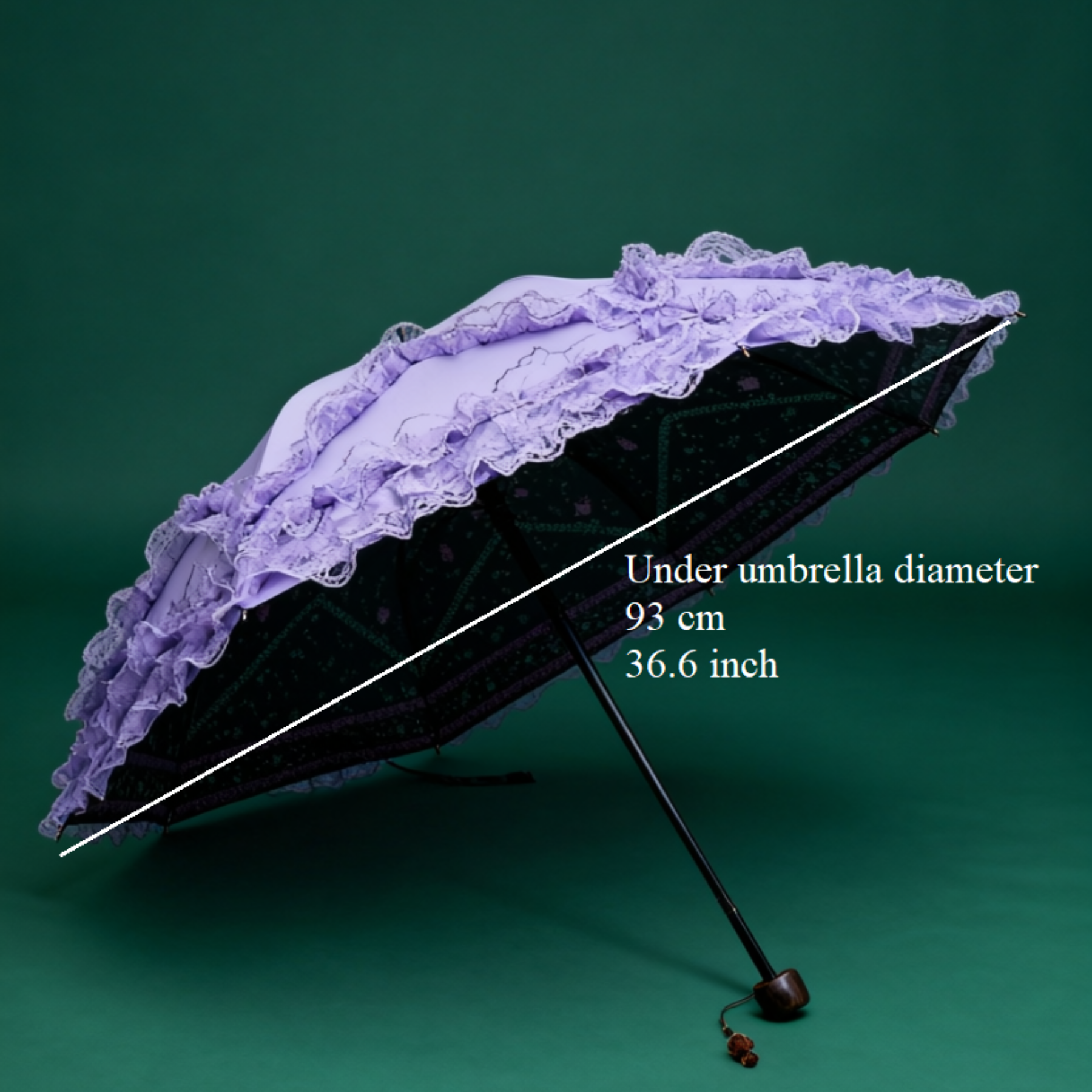 Close-up of purple lace ruffle parasol on dark green background