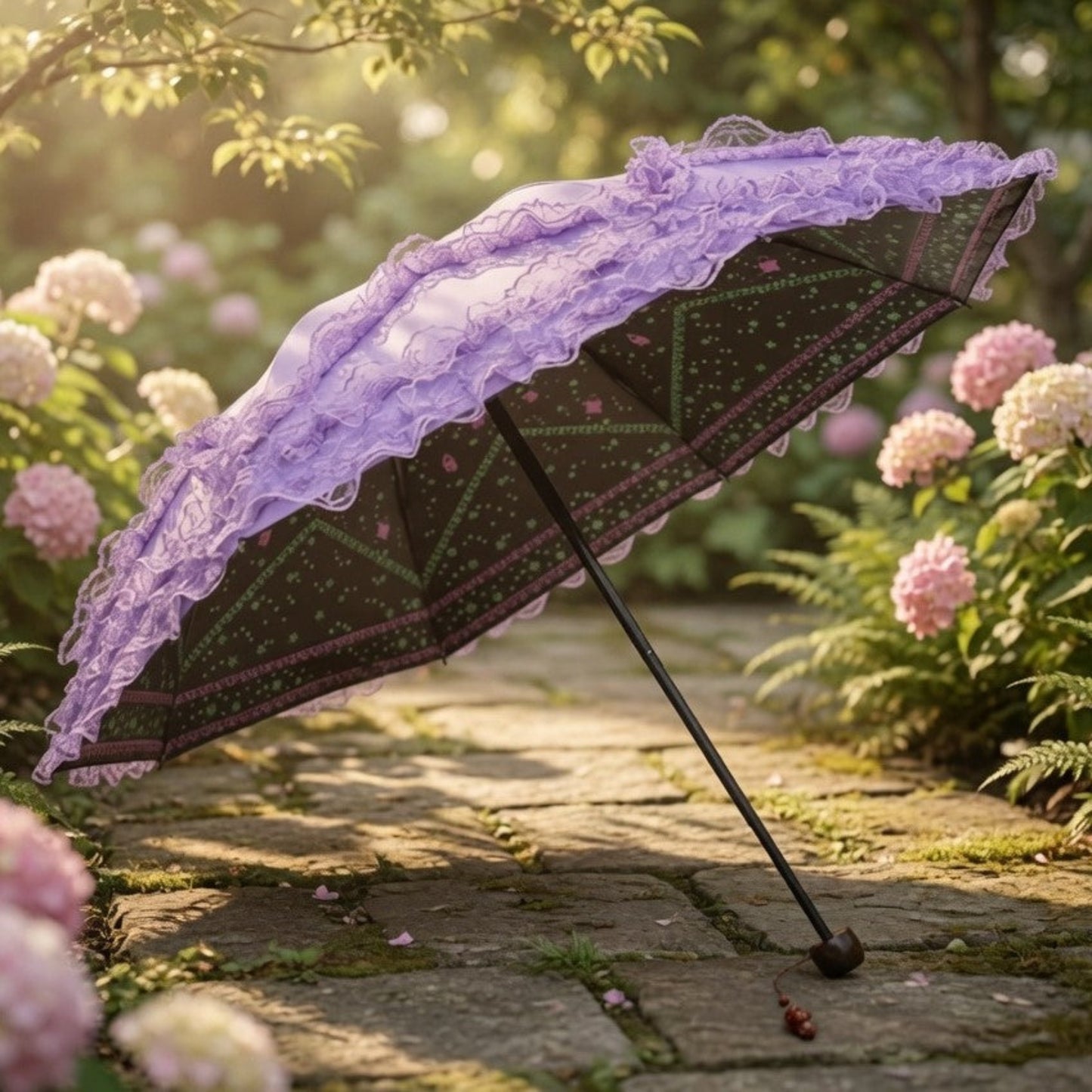 Purple lace ruffle parasol on garden path