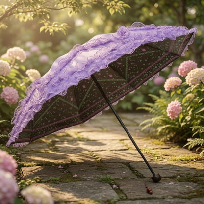 Purple lace ruffle parasol on garden path